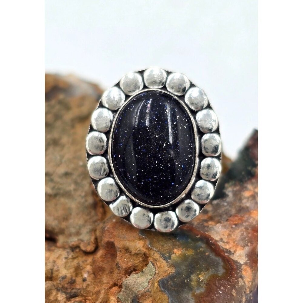 925 Sterling Silver Plt Black Goldstone Ring Size 6 Bezel Setting Fine Jewelry